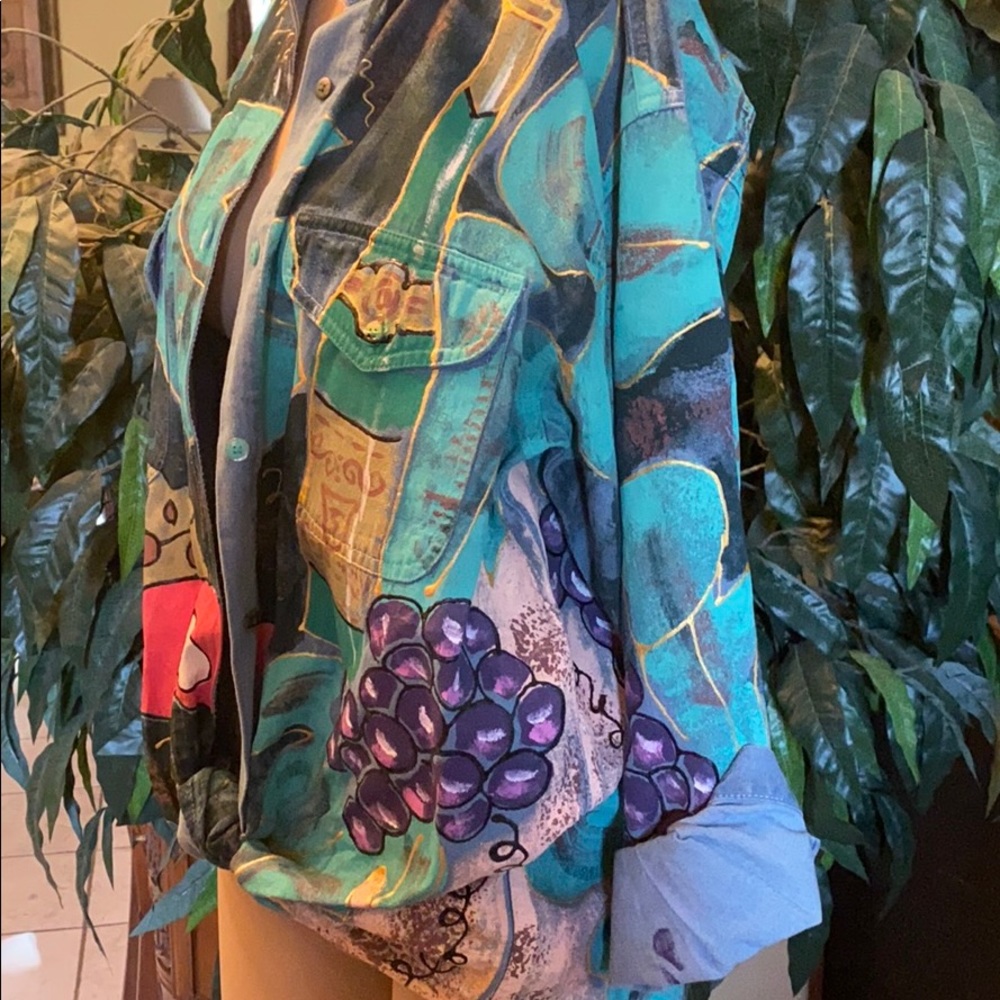 Hand painted Napa wine and cheese denim button down top - Picture 3 of 6